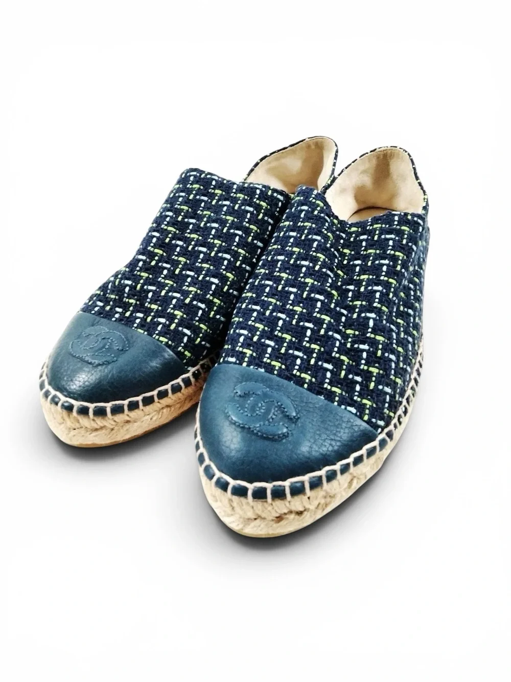NWOT CHANEL CC Logo Cap Toe Navy Tweed Espadrille Flats Size EU 39